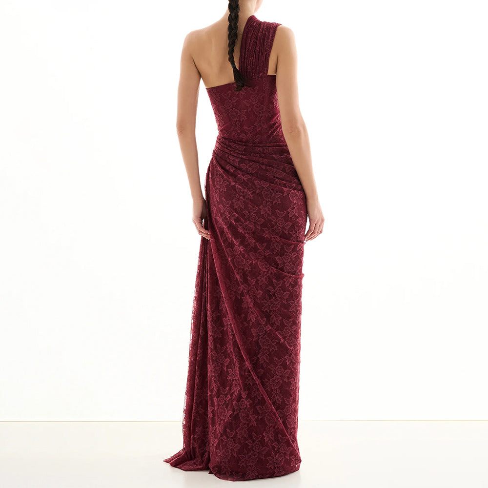 Damen elegantes Abendkleid mit asymmetrischem One-Shoulder-Design und floralem Spitzenbesatz Echo Archiv
