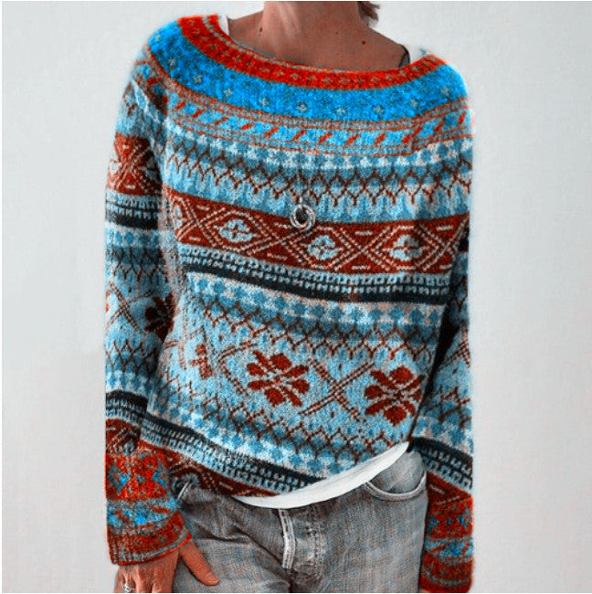 Damen nan gemusterter Norwegerstrickpullover mit weitem Rundhalsausschnitt und lässigem Oversize-Schnitt Echo Archiv