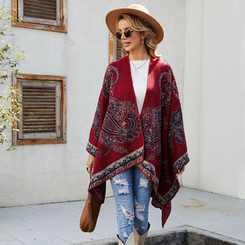 Damen Eleganter Jacquard-Poncho mit Paisley-Muster und offener Vorderseite – Avérine