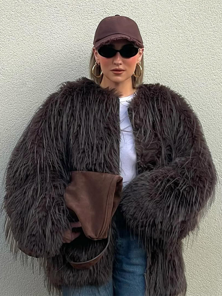 Damen Oversize Kunstpelz‑Mantel mit langfloriger Shag‑Optik und kastiger Silhouette Echoarchiv