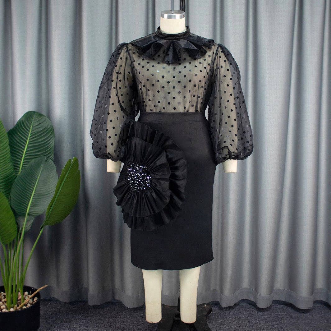 Damen Elegantes Kleid mit transparenten Puffärmeln und Rüschenakzent Echo Archiv