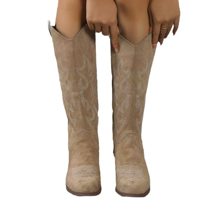 Damen Western-Stiefel aus Veloursleder mit dekorativer Stickerei, seitlichem Reißverschluss und mittelhohem Blockabsatz Echo Archiv