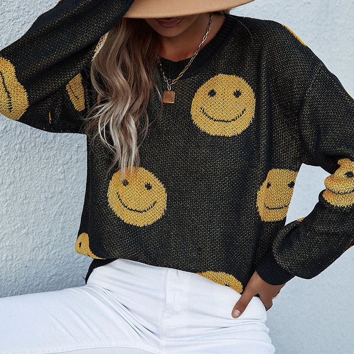 Damen lässiger Strickpullover mit Smiley‑Jacquard und Rundhalsausschnitt Echoarchiv