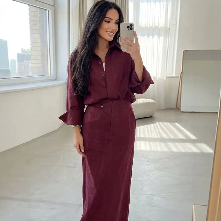 Damen Zweiteiliges Leinen-Set mit Oversized-Hemd und tailliertem Maxirock Echoarchiv