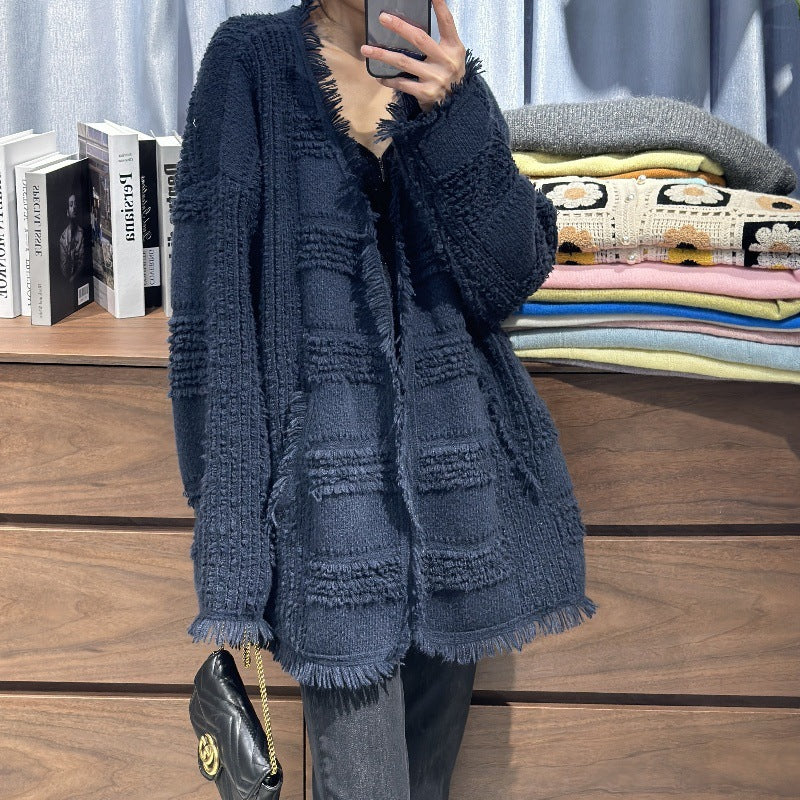 Damen Oversize Strickcardigan mit strukturierter Karomuster‑Optik, Fransen und Eingrifftaschen Echoarchiv
