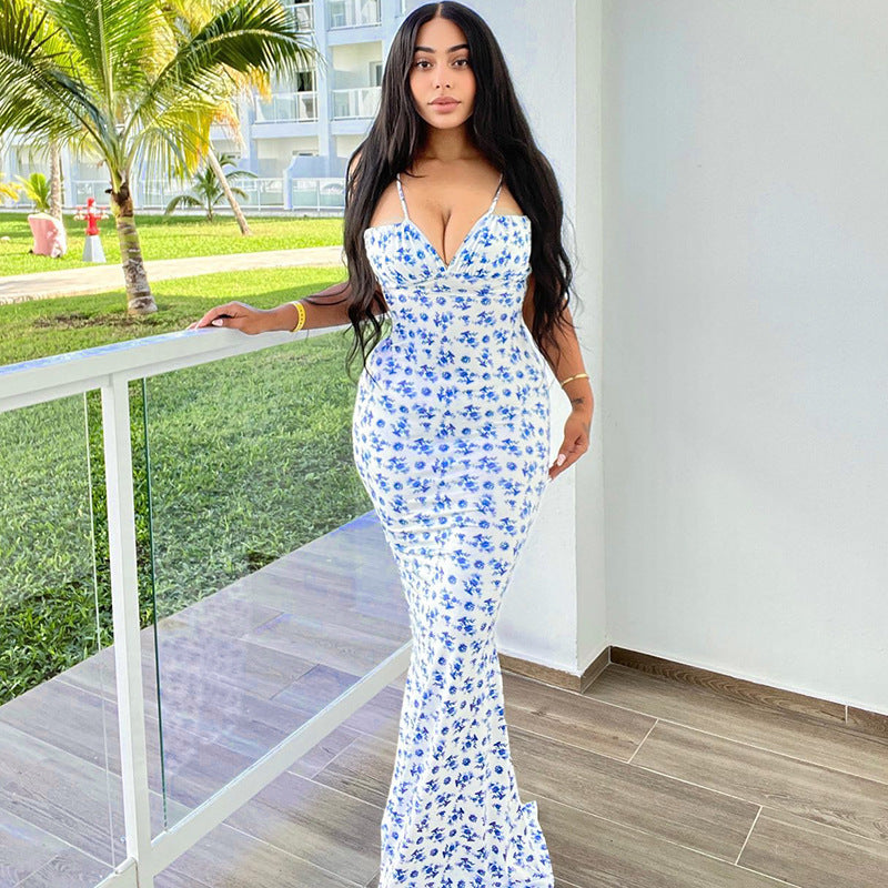 Damen Bodenlanges Kleid mit floralem Muster und verstellbaren Trägern Echo Archiv