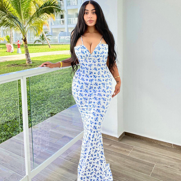 Damen Bodenlanges Kleid mit floralem Muster und verstellbaren Trägern Echo Archiv