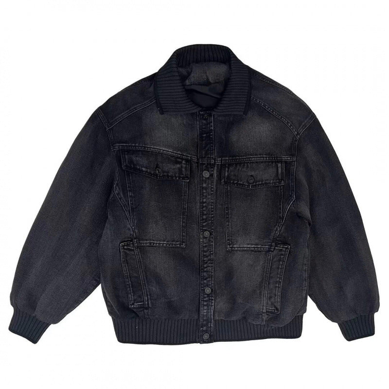 Herren Weitgeschnittene Jeansjacke mit geripptem Kontrastkragen und Vintage-Waschung Echoarchiv