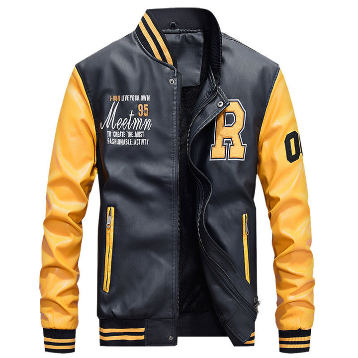Herren Varsity-Bomberjacke im College‑Stil aus Kunstleder mit kontrastierenden Ärmeln und Stickpatches Echo Archiv