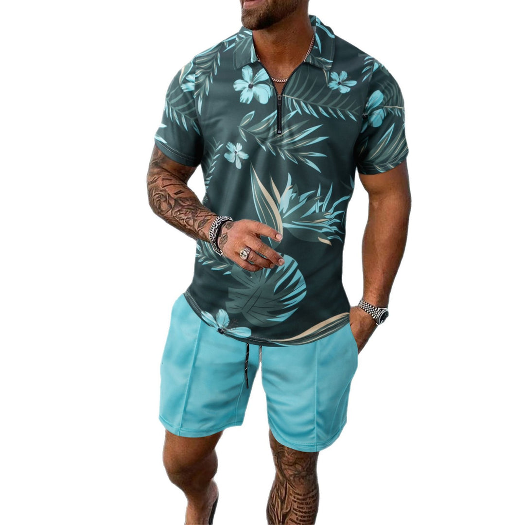 Herren modisches Kurzarm-Hemd mit Zipper und floralen Mustern Echoarchiv