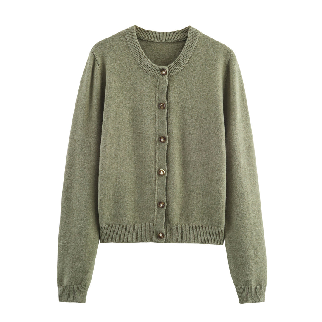 Damen feiner Knopfcardigan mit Rundhalsausschnitt, durchgehender Knopfleiste, geripptem Saum und schmaler Silhouette – Veloura
