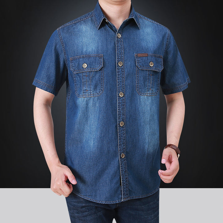 Herren kurzärmeliges Denim-Hemd mit aufgesetzten Taschen Echoarchiv