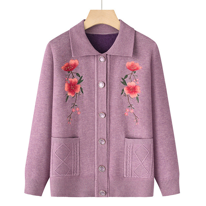 Damen bestickte Strickjacke mit Hemdkragen, Eingrifftaschen und floraler Stickerei – Veloura