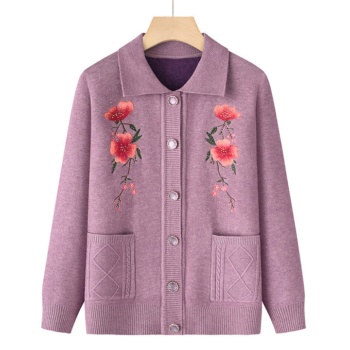 Damen bestickte Strickjacke mit Hemdkragen, Eingrifftaschen und floraler Stickerei – Veloura