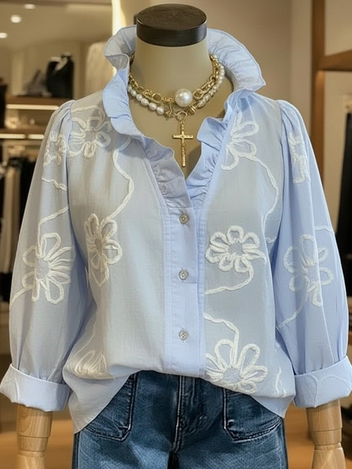 Damen elegante Bluse mit floralen Stickereien und voluminösen Ärmeln Echo Archiv