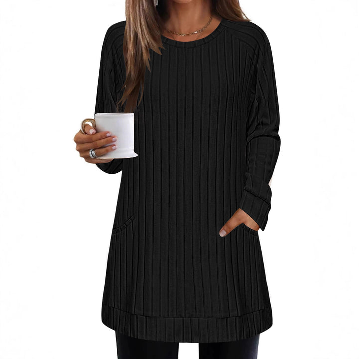 Damen Gerippter Longpullover-Tunika mit Rundhals, Seitentaschen und legerer Passform Echoarchiv