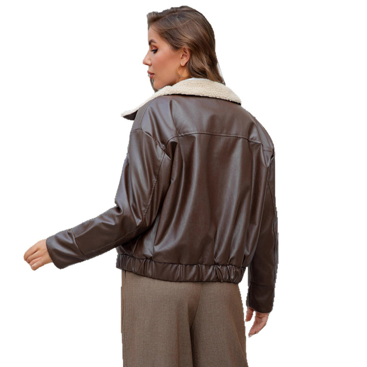 Damen Kurzgeschnittene Kunstlederjacke mit Teddykragen und Druckknöpfen Echoarchiv