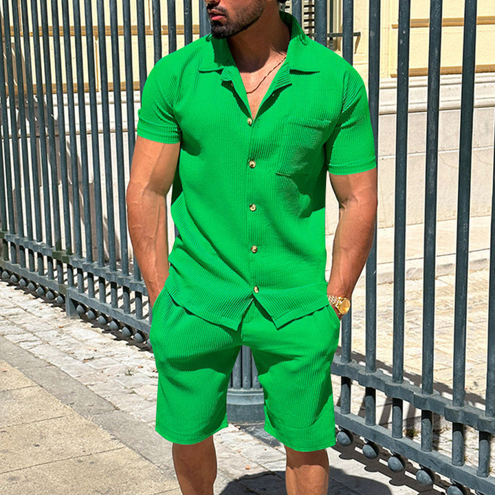 Herren lässiges Kurzarmhemd und Bermuda-Shorts Set mit strukturiertem Design Echoarchiv