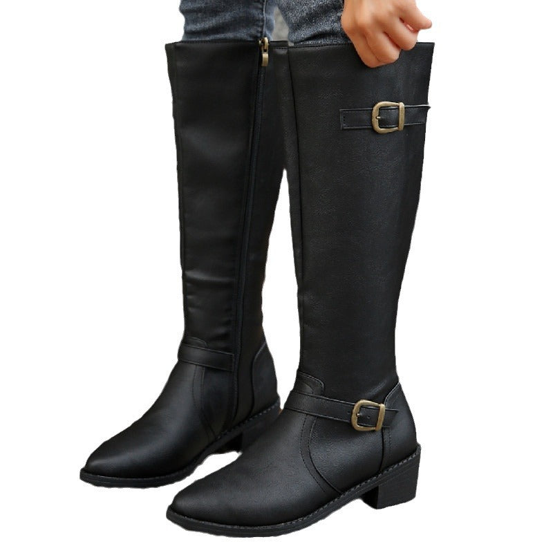 Damen  kniehohe Stiefel in Lederoptik mit seitlichem Reißverschluss und Zierschnalle Echo Archiv