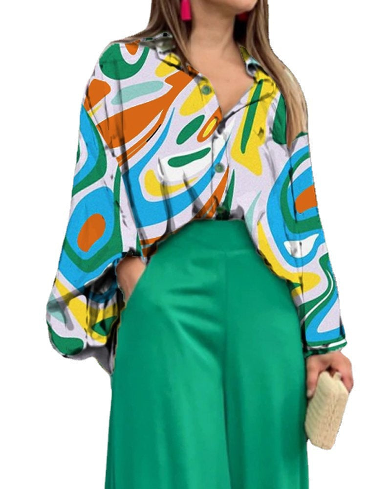 Damen Oversize Hemdbluse mit abstraktem Aquarellprint und überschnittener Schulter – Élovi