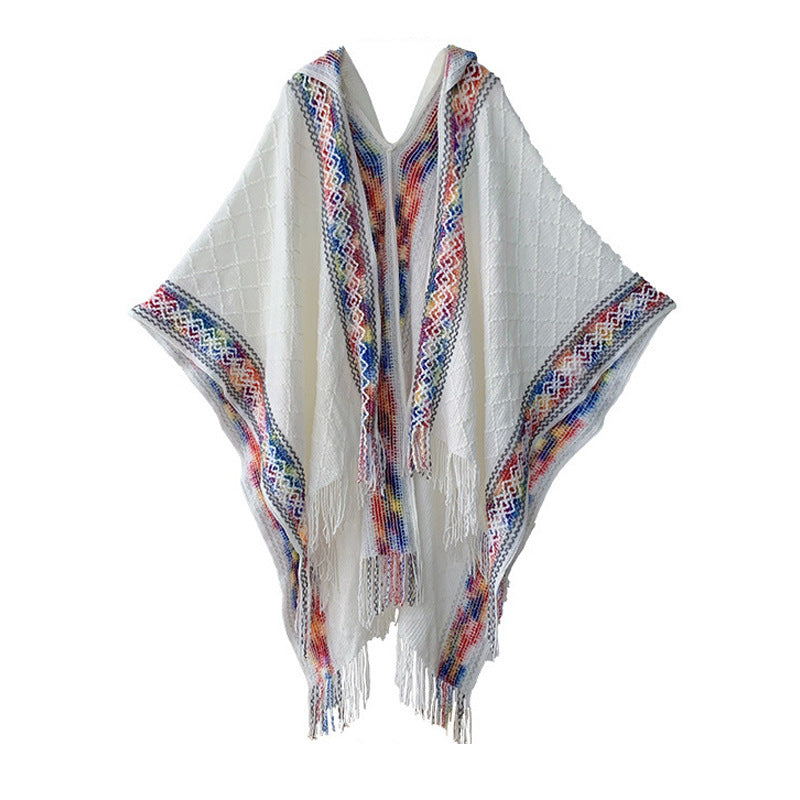 Damen Gewebter Kapuzenponcho mit Fransen und Ethno‑Bordüre – Avérine