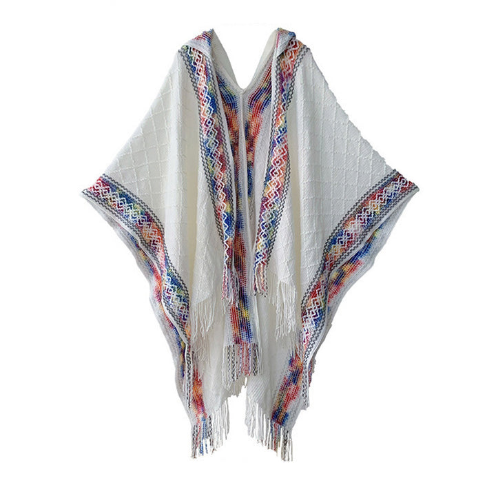 Damen Gewebter Kapuzenponcho mit Fransen und Ethno‑Bordüre – Avérine