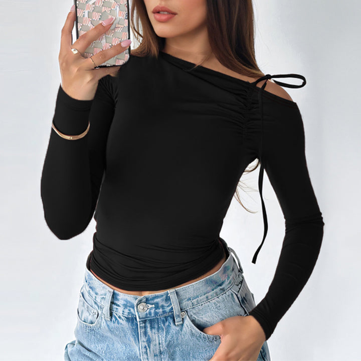 Damen Ein-Schulter-Longsleeve-Cropped-Top mit Raffung, Cut-Out und Zierschleife – Avérine