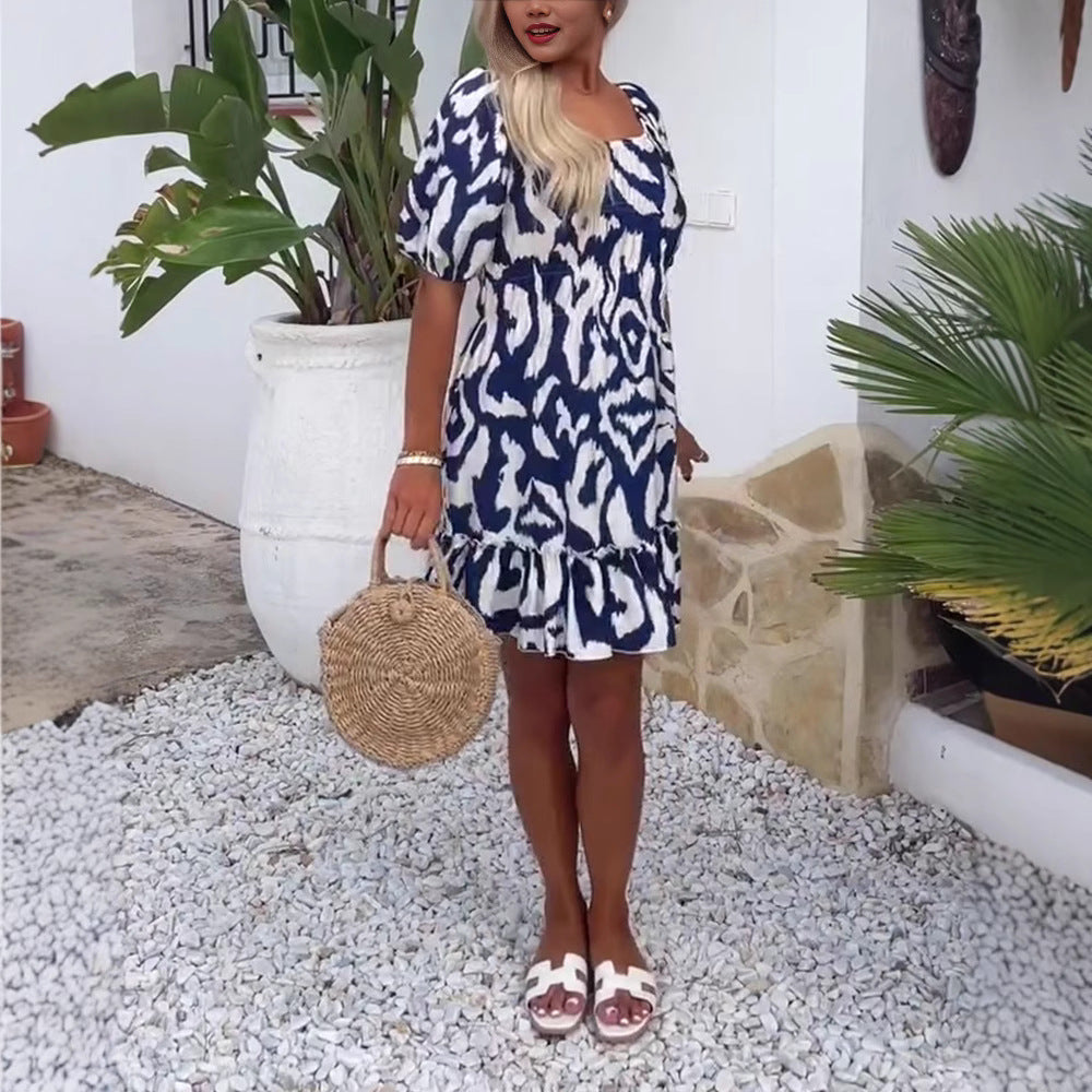 Damen nan Kurzschnitt-Sommerkleid mit quadratischem Ausschnitt, Puffärmeln und Volant-Saum Echo Archiv