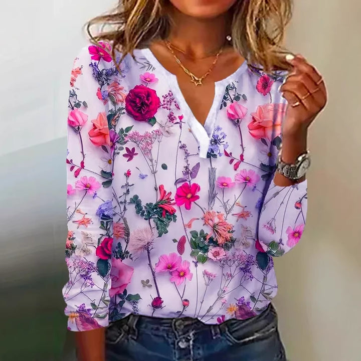 Damen Floral Lange Bluse im Chiffon-Look mit V-Schlitz und Lässiger Silhouette Echoarchiv