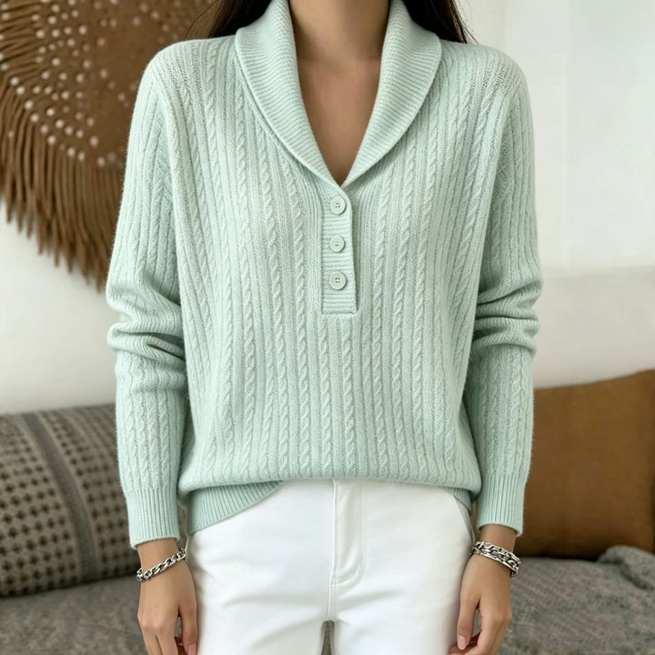 Damen Strickpullover mit Schalkragen, Zopfmuster und Knopfleiste – Mavelle