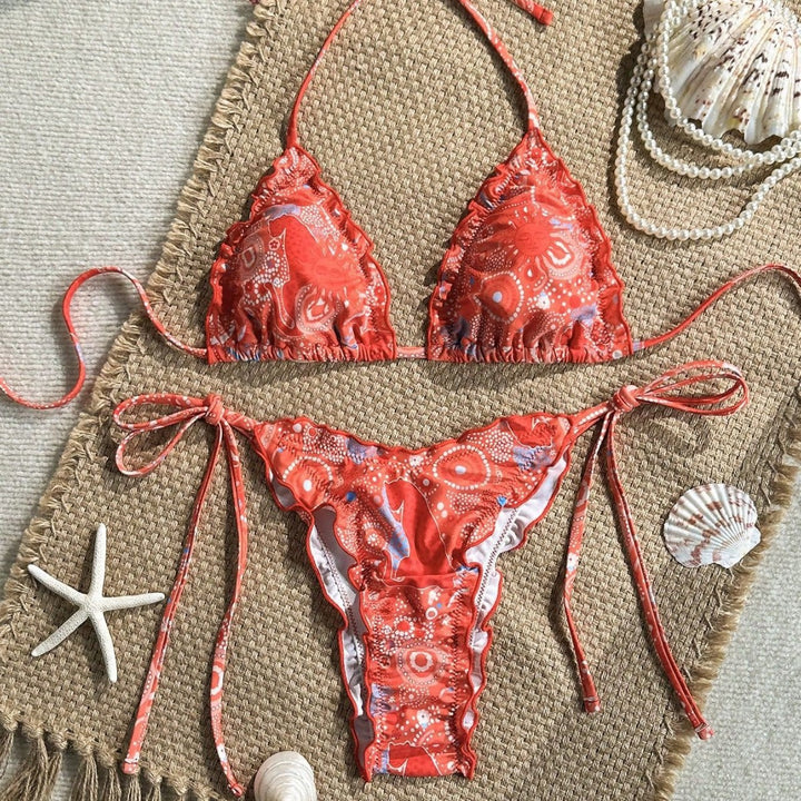 Damen Triangel-Bikini mit Rüschendetails und lebhaftem Blumendruck Echo Archiv