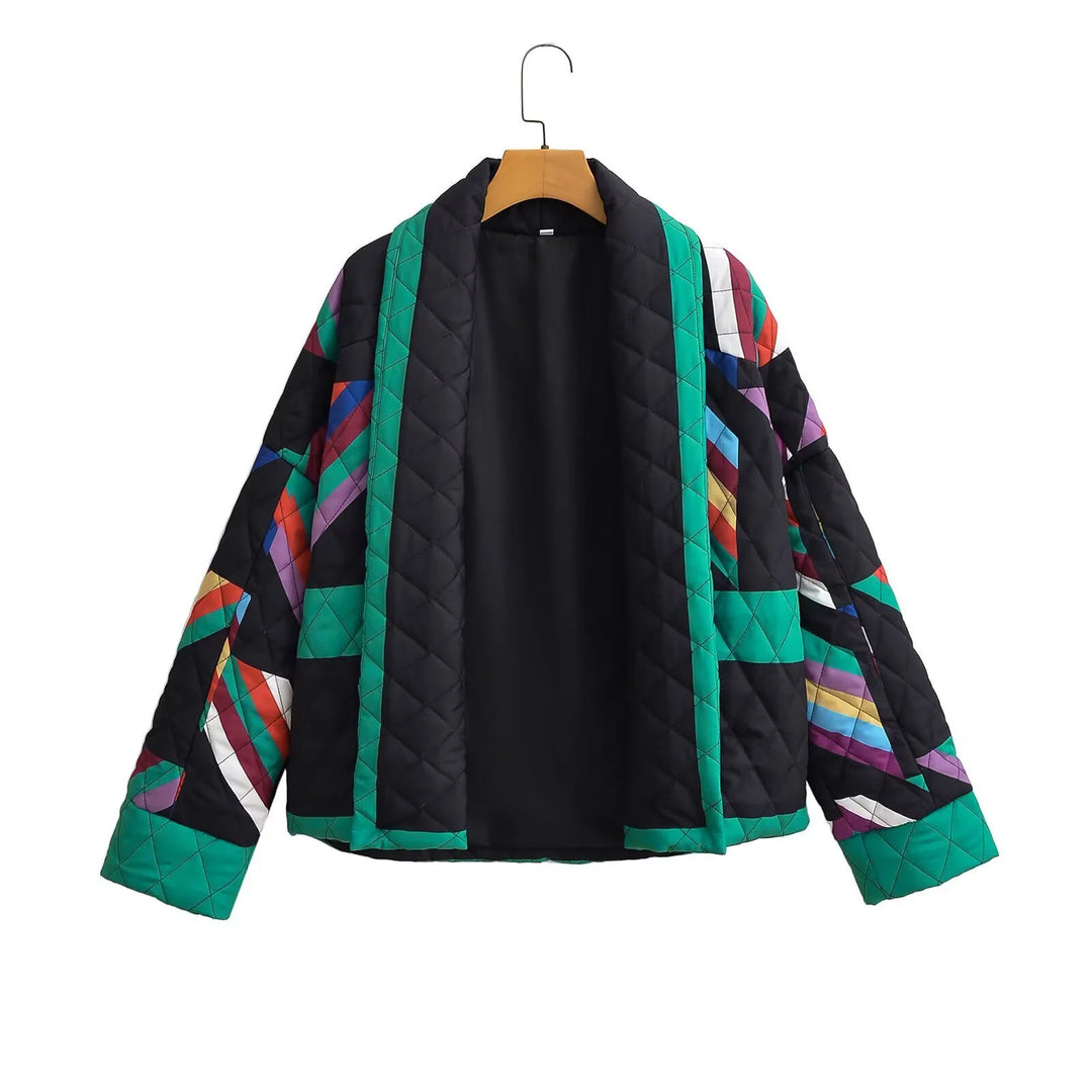 Damen nan gesteppte Kimonojacke mit geometrischem Patchwork und offener Front Echo Archiv