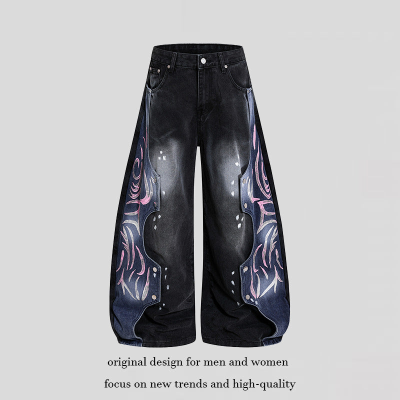 Damen High‑Waist weite Balloon‑Denim‑Culotte mit kontrastseitigen Artwork‑Paneelen Echoarchiv