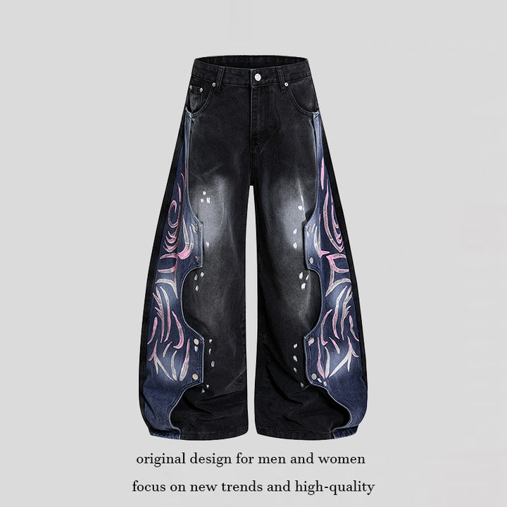 Damen High‑Waist weite Balloon‑Denim‑Culotte mit kontrastseitigen Artwork‑Paneelen Echoarchiv