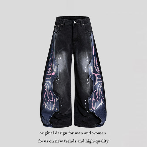 Damen High‑Waist weite Balloon‑Denim‑Culotte mit kontrastseitigen Artwork‑Paneelen Echoarchiv
