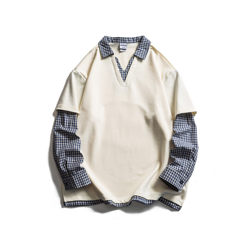 Herren Lagenlook-Pullover mit integriertem Karo-Hemdkragen und eingesetzten Hemdärmeln Echoarchiv