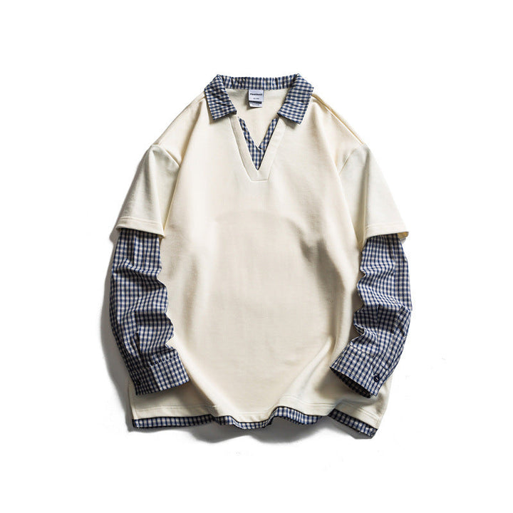 Herren Lagenlook-Pullover mit integriertem Karo-Hemdkragen und eingesetzten Hemdärmeln Echoarchiv