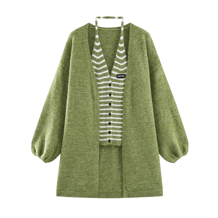 Damen Oversize Strickcardigan mit Ballonärmeln und gestreifter Einfass-Knopfleiste Echoarchiv