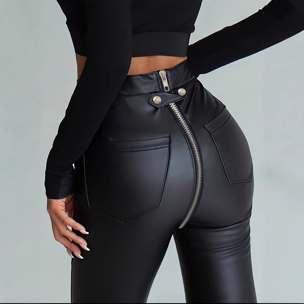 Damen Modische Kunstlederleggings mit Reißverschluss und Taillierung Echoarchiv