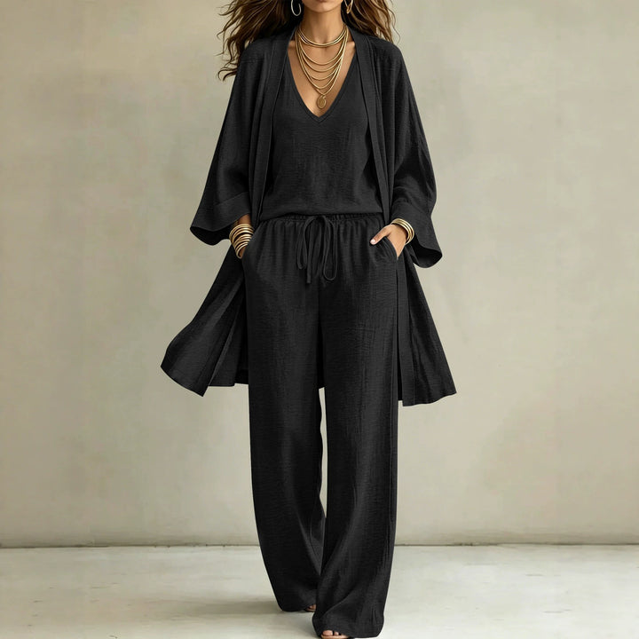 Damen Leichtes Lounge-Set mit Kimono-Cardigan, V‑Ausschnitt-Top und weitem Kordelbund-Hose – Élanora