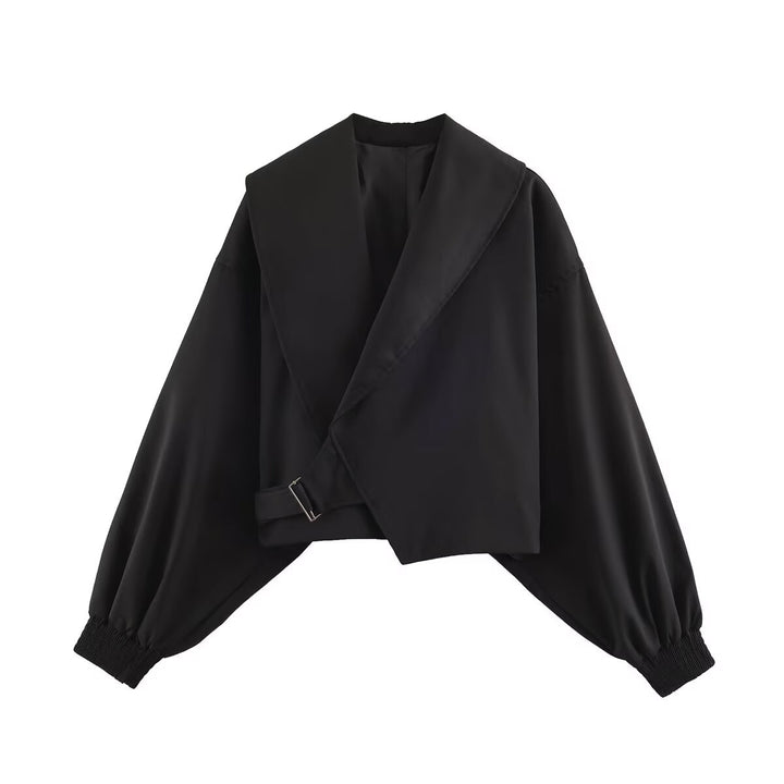 Damen Cropped-Jacke mit weitem Matrosenkragen, asymmetrischem Überschlag und Ballonärmeln Echo Archiv