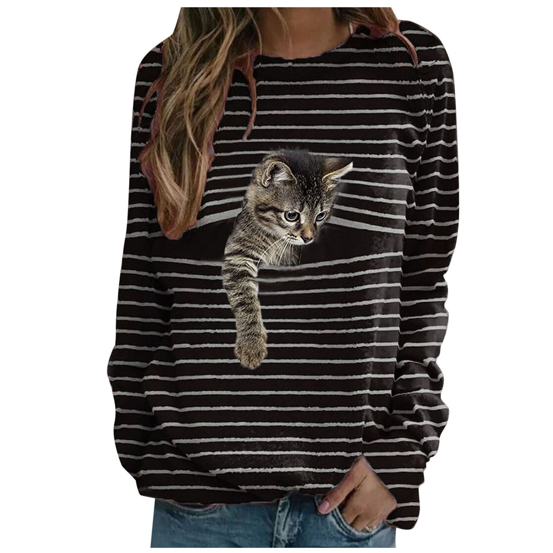 Damen nan lässiger Streifenpullover mit fotorealistischer Katzentasche und Rundhalsausschnitt Echo Archiv