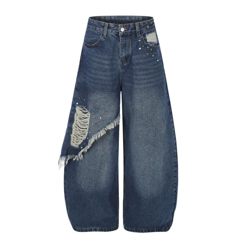 Damen High‑Waist weite Palazzo-Jeans mit asymmetrischem Fransen-Detail und Strassapplikation Echoarchiv