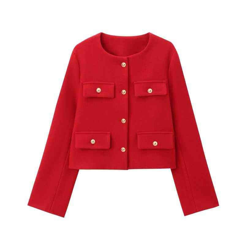 Damen kurz geschnittene Bouclé-Tweedjacke mit Rundhalsausschnitt Zierknopfdetails und aufgesetzten Pattentaschen – Célinea