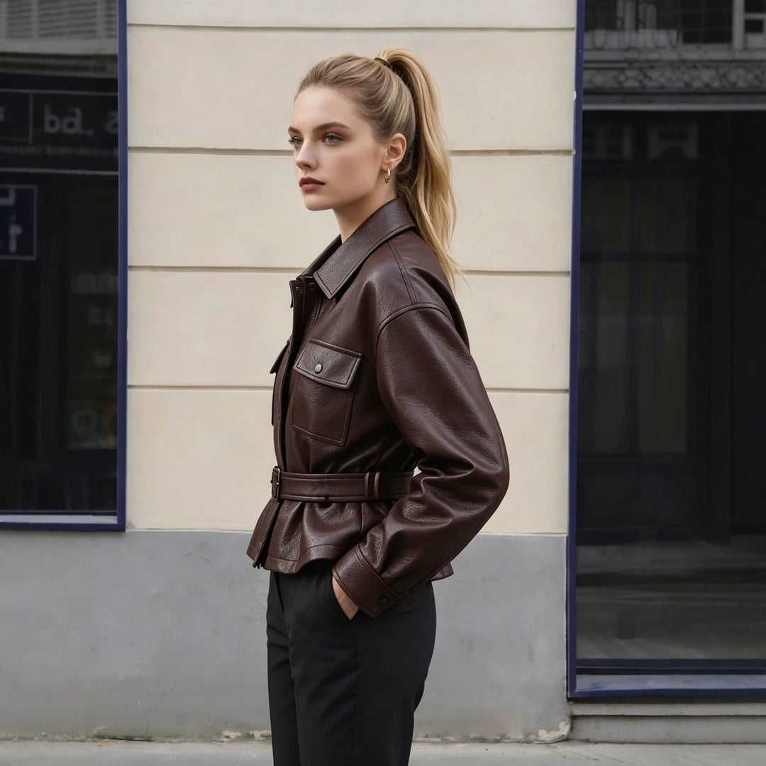 Damen Modische Lederjacke mit Gürtel Echo Archiv