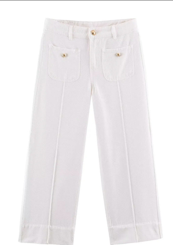 Damen Hochtaillierte weite Leinenhose mit Bügelfalte und aufgesetzten Taschen Echo Archiv