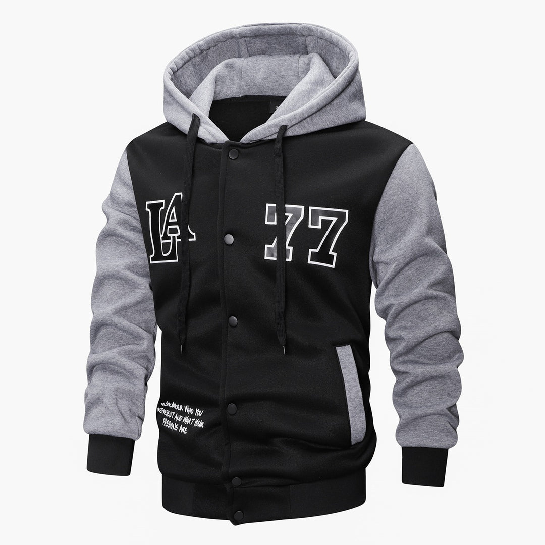 Herren Varsity-Kapuzenjacke im College‑Look mit Druck, Druckknopf‑Front und Kontrastärmeln Echoarchiv