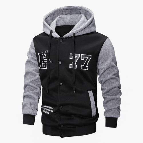 Herren Varsity-Kapuzenjacke im College‑Look mit Druck, Druckknopf‑Front und Kontrastärmeln Echoarchiv