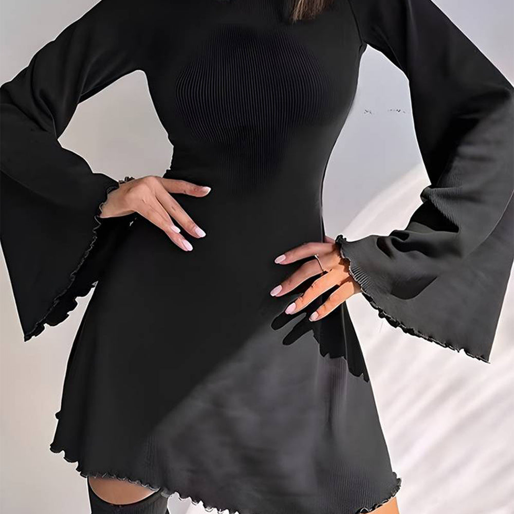 Damen A-Linien Minikleid mit ausgestellten Trompetenärmeln und taillierter Silhouette – Élara