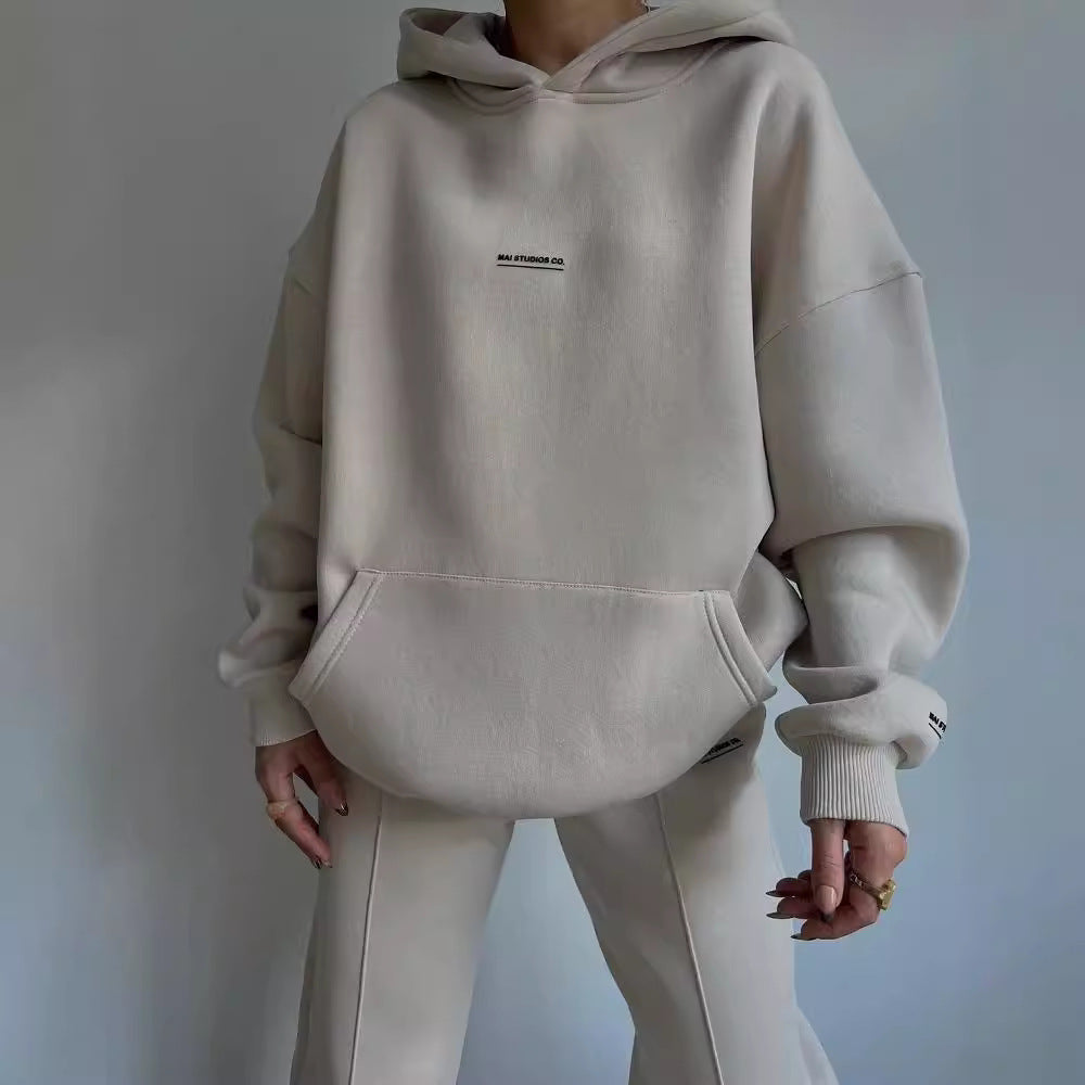 Damen Set Schwere French‑Terry Oversize‑Kapuzenpullover mit Kängurutasche und Slim‑Jogginghose Echoarchiv